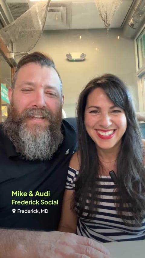 Mike and Audi of Frederick Social in Frederick, Maryland, mid-conversation to camera